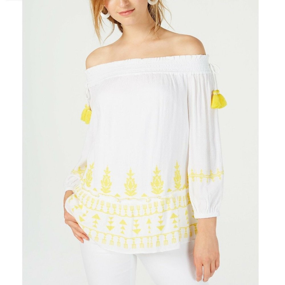 INC XS Bright White Embroidered OTS Top NWT V86